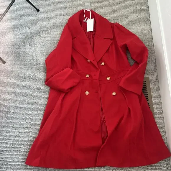 GRACE KARIN Women Lapel Double-Breasted Trench Coat Jacket Teal Red XL / New!! - Picture 14 of 16